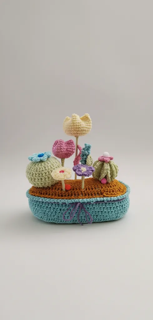 Örgü Çiçek ve Kaktüs Aranjmanı - Saksıda Dekoratif El Yapımı