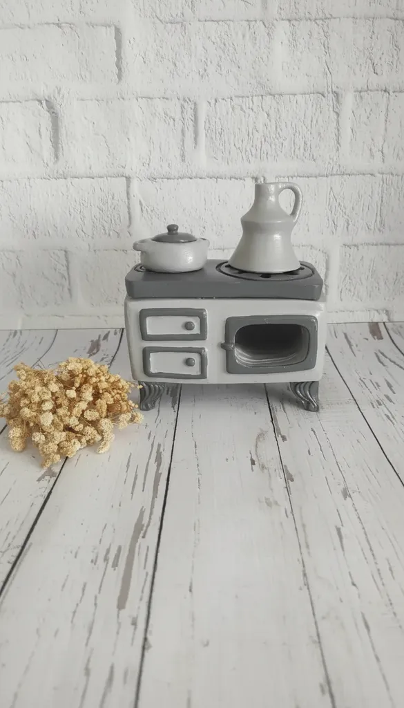 Gri Tonlarda Ahşap Dekoratif Kuzine Soba - El Emeği Oyuncak Soba