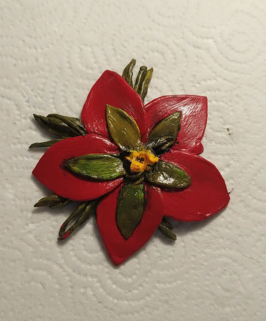 Kırmızı Yapraklı Çiçek Broş - Soğuk Seramik ve Akrilik Boya