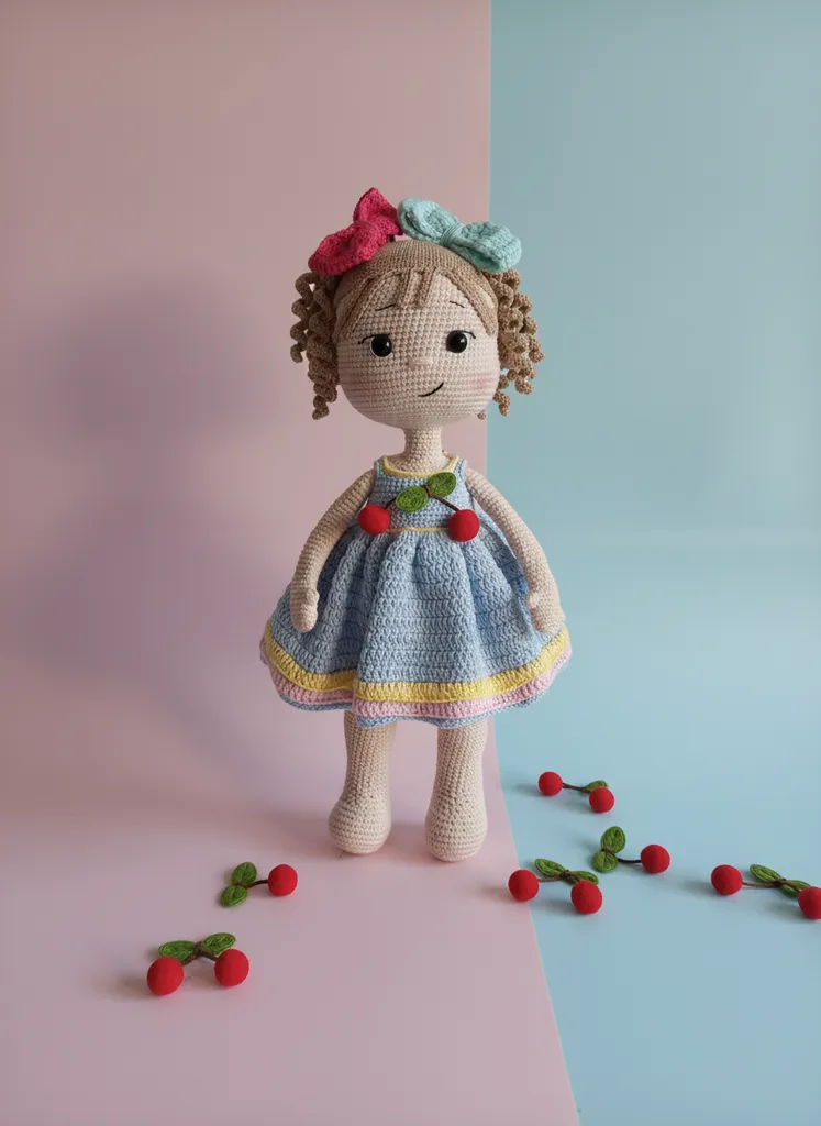 Örgü Bebek Oyuncak - Mavi Elbiseli Kiraz Desenli - El Emeği