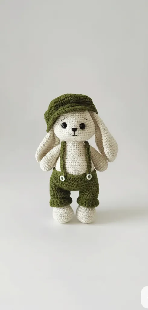 Yeşil Tulumlu Şapkalı Tavşan Amigurumi Oyuncak Bebek (25 cm)
