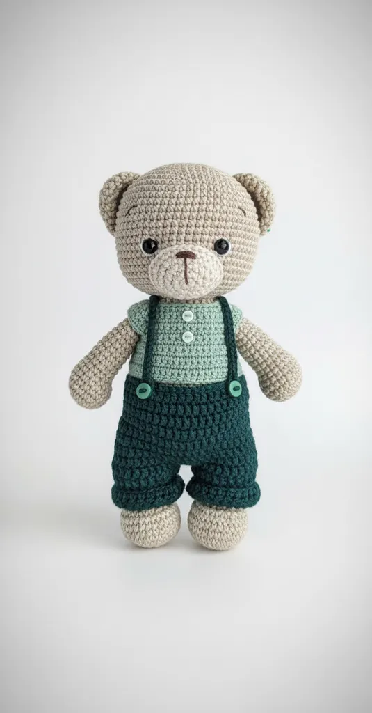 Yeşil Tulumlu Örgü Ayı Oyuncak - Amigurumi Bebek Hediyesi