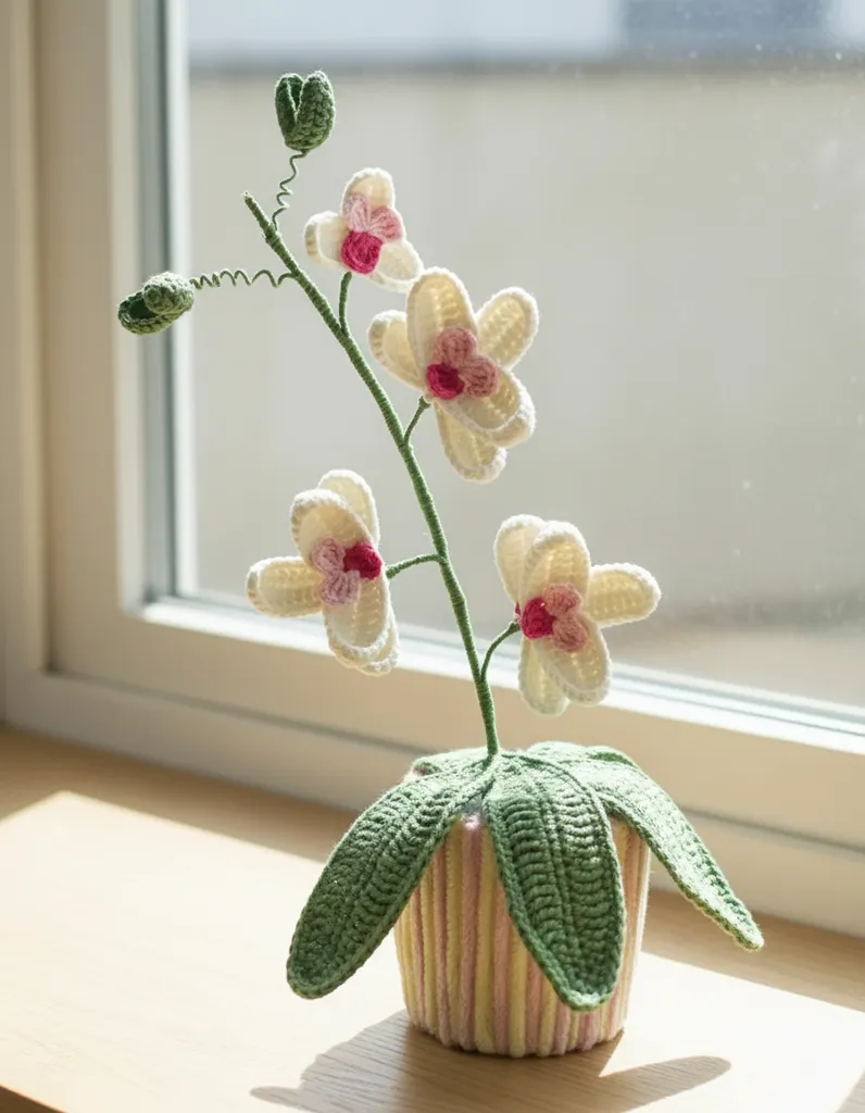 Beyaz ve Pembe Örgü Orkide Çiçek Saksı İçinde - El Yapımı