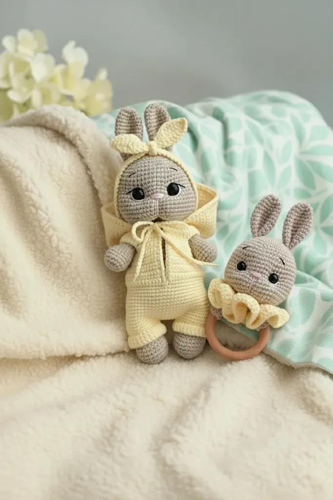 Sarı Tulumlu Amigurumi Tavşan Oyuncak ve Çıngırak Seti - El Yapımı