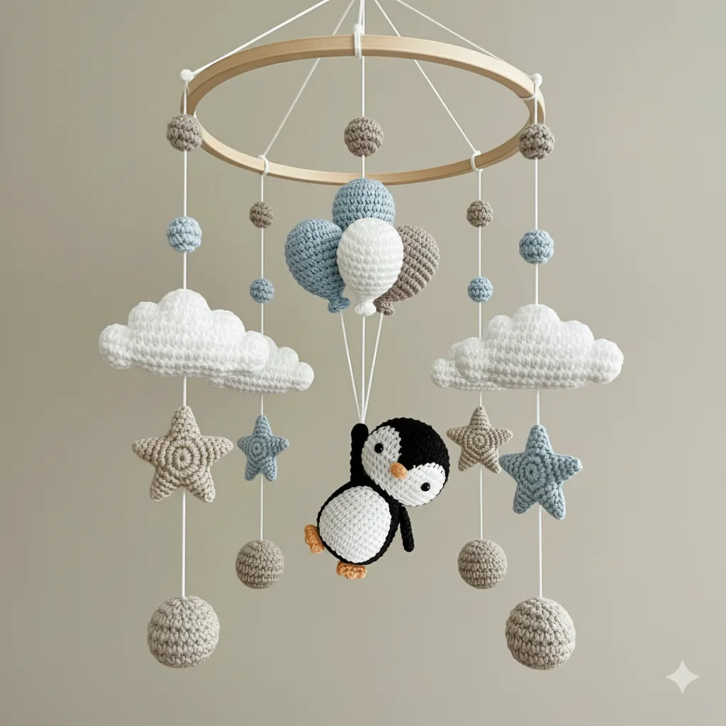 Amigurumi Penguen Bebek Odası Dönence - Bulut ve Yıldız Detaylı