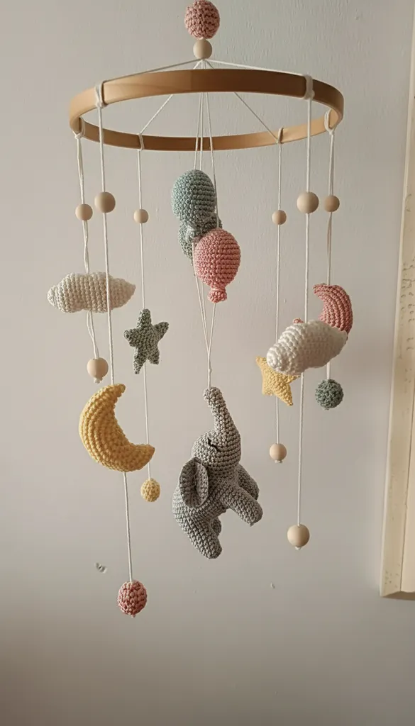 Amigurumi Gri Fil ve Pastel Renkli Figürlü Bebek Dönence