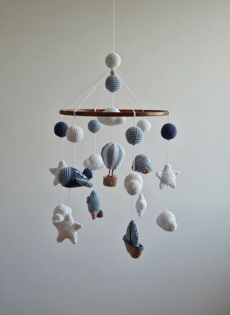 Mavi ve Beyaz Amigurumi Bebek Odası Dönencesi - El Emeği