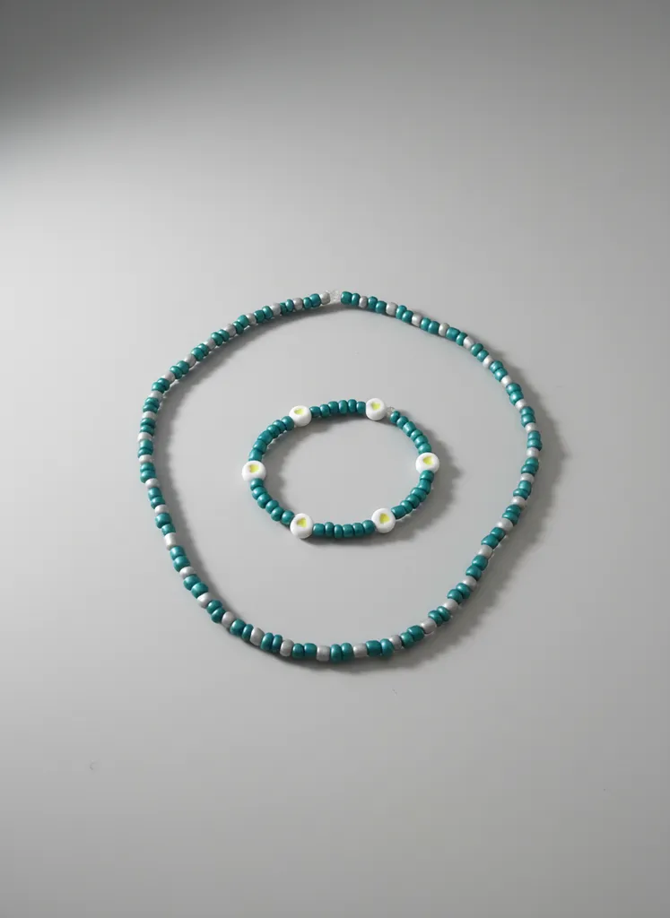 Turkuaz ve Gümüş Renkli Boncuk Kolye ve Bileklik Takı Seti