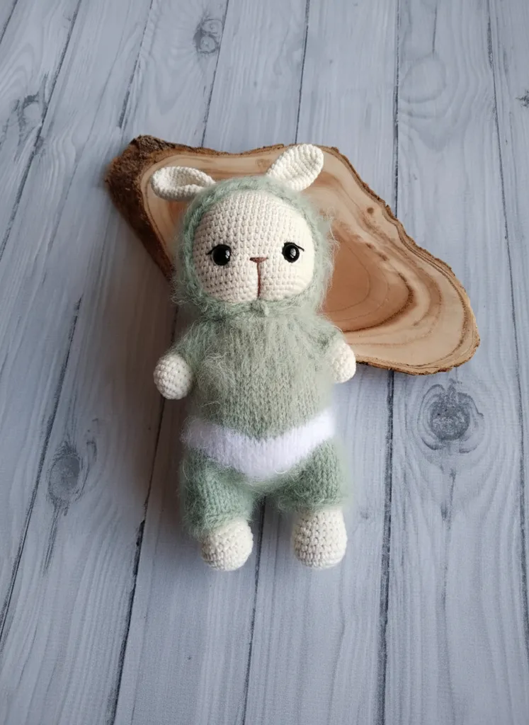 Su Yeşili ve Beyaz Örgü Oyuncak Tavşan - 25 cm El Emeği