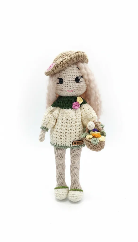 Şapkalı Sepetli Tığ İşi Oyuncak Bebek - El Yapımı Çiçekçi Kız