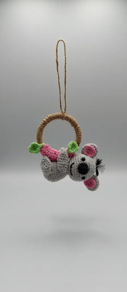Örme Koala Araba Süsü - Gri ve Pembe Renkli El Yapımı