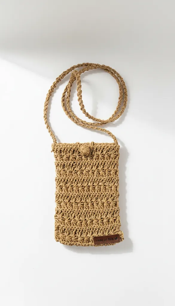 Kahverengi Yıldız Desenli Örgü Hasır Telefon Çantası - El Emeği