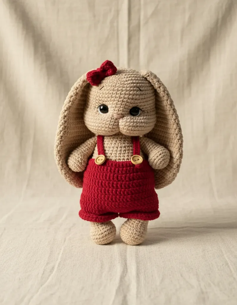 Amigurumi Tulumlu Tavşan Oyuncak - Büyük Kulaklı ve Kurdeleli, 30 cm