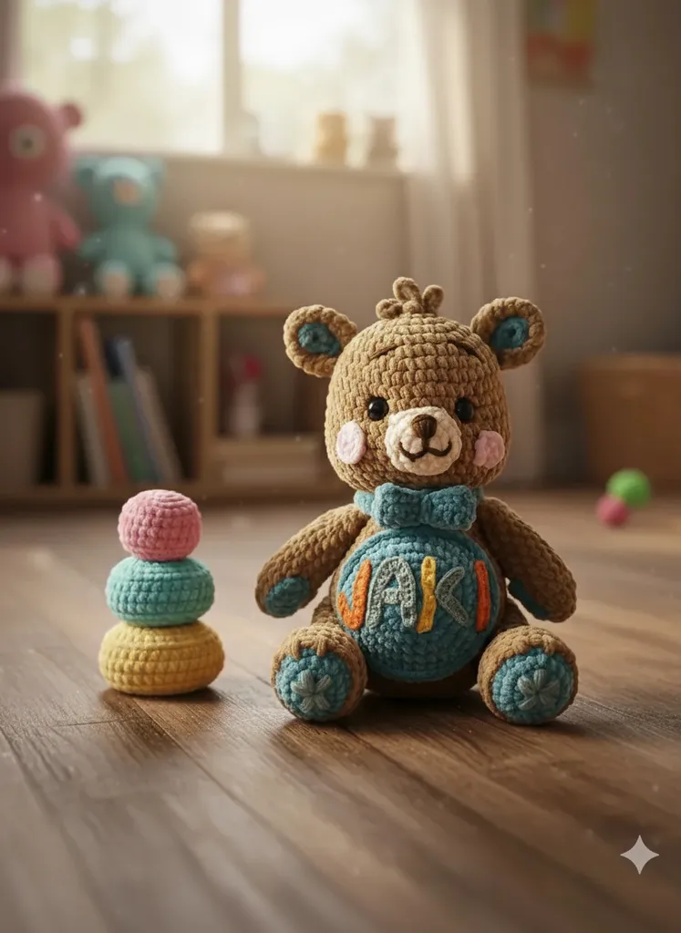 Örgü Ayıcık Oyuncak - Jakı İsimli, Orta Boy, El Emeği Bebek Oyuncak