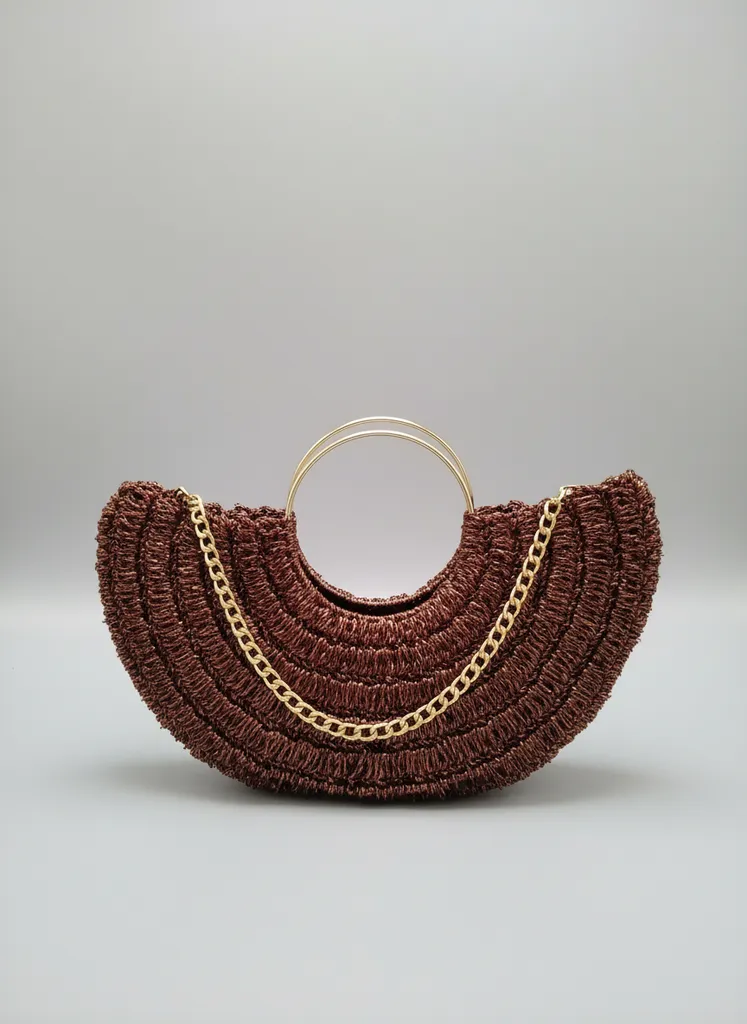 Metalik Kahverengi Abiye Çanta - Kağıt İple Örme ve Zincir Detaylı