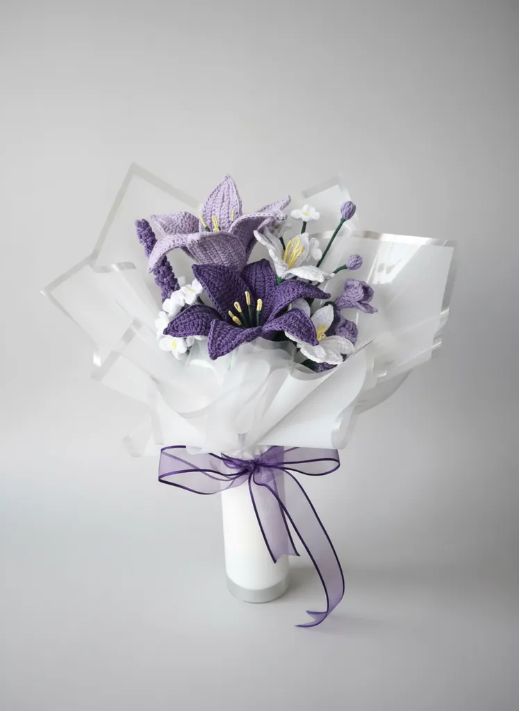 🌿 Zamansız Şıklığın El Yapımı Hali: Mor & Lila Örgü Çiçek Buketi💐