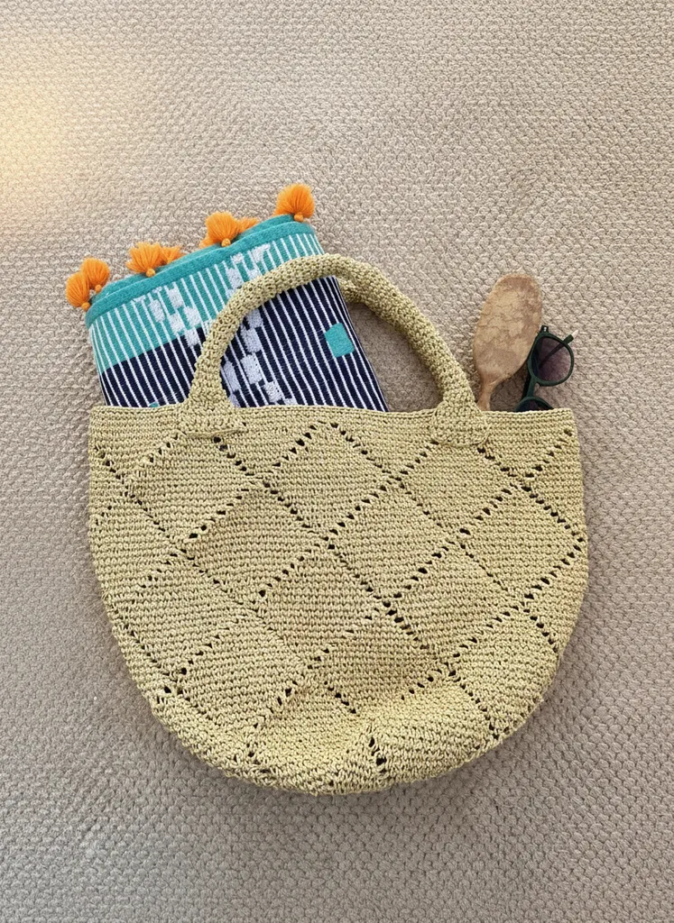 Örgü Hasır Plaj Çantası - Sarı Renk