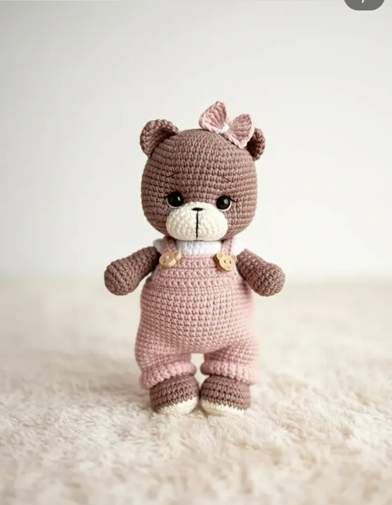 Örgü Oyuncak Ayıcık - Amigurumi Pembe Tulumlu ve Fiyonklu Model