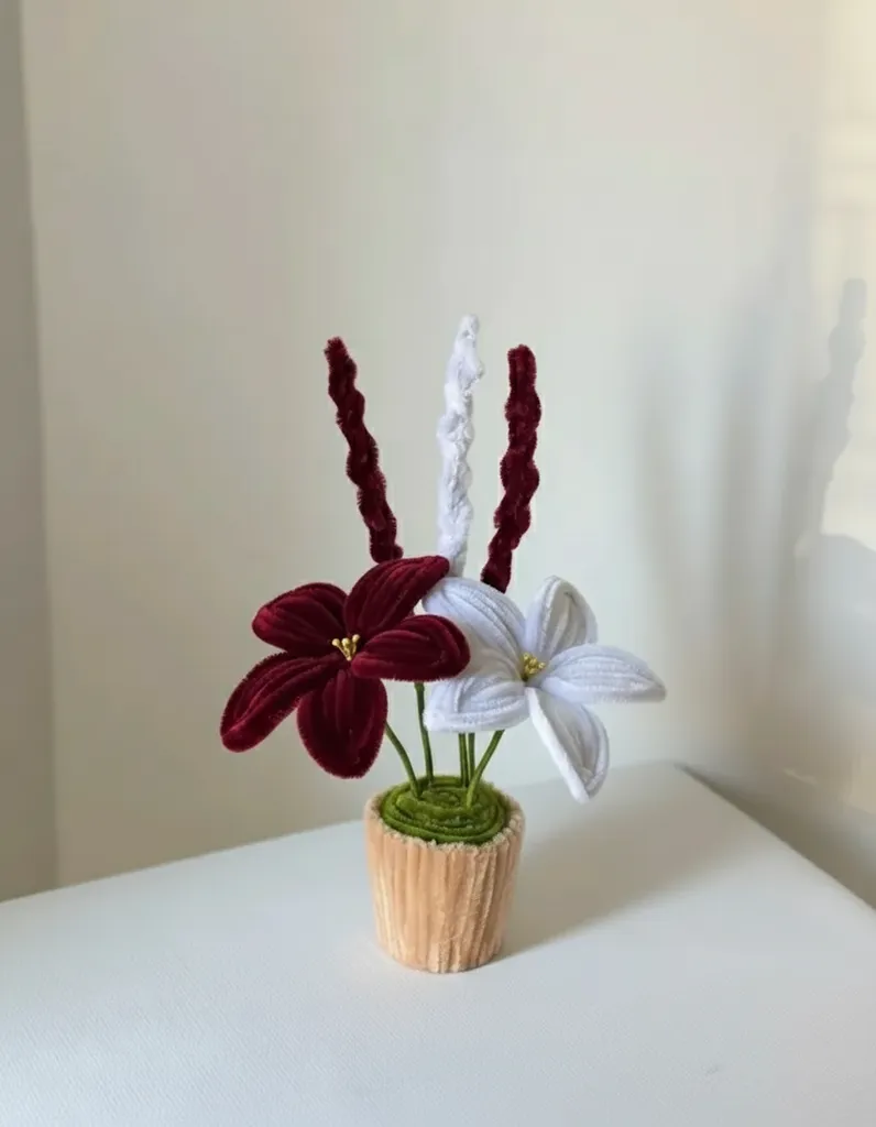 Şönil Bordo ve Beyaz Zambak Çiçek Aranjmanı - Dekoratif El Yapımı