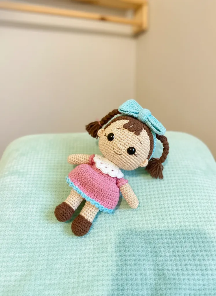 Örgü Amigurumi Kız Bebek Oyuncak - 22 cm Koton İp El Emeği