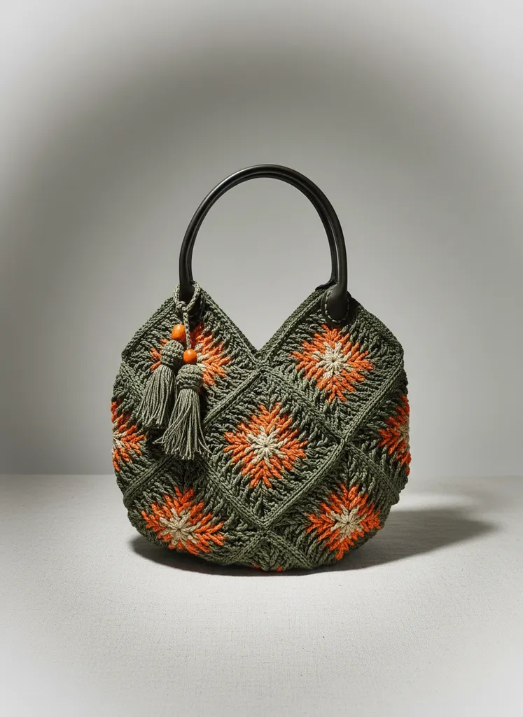 Yeşil ve Turuncu Motifli Kağıt İp Örgü Çanta - El Emeği