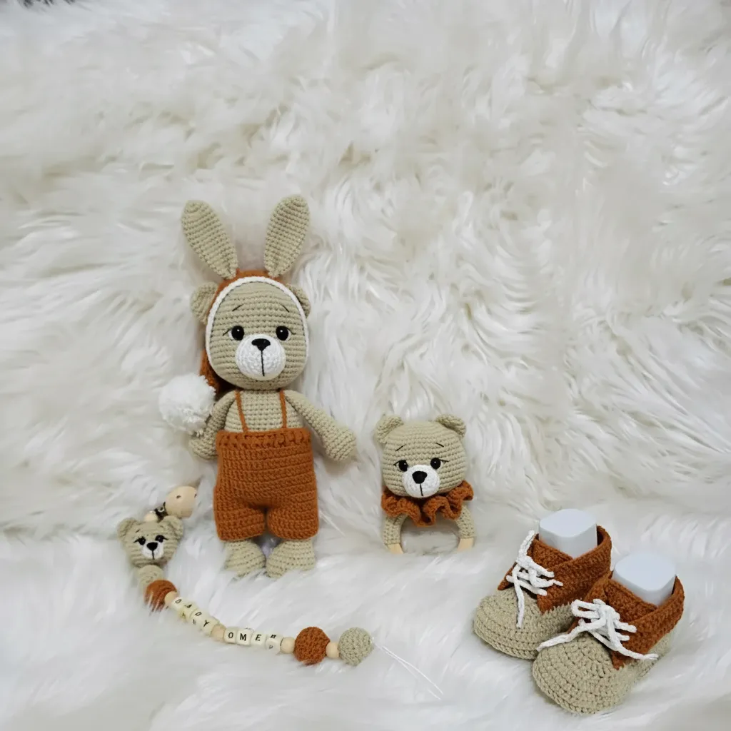 Örme Oyuncak Ayıcık, Çıngırak, Patik ve Emzik Askısı Seti - 4'lü