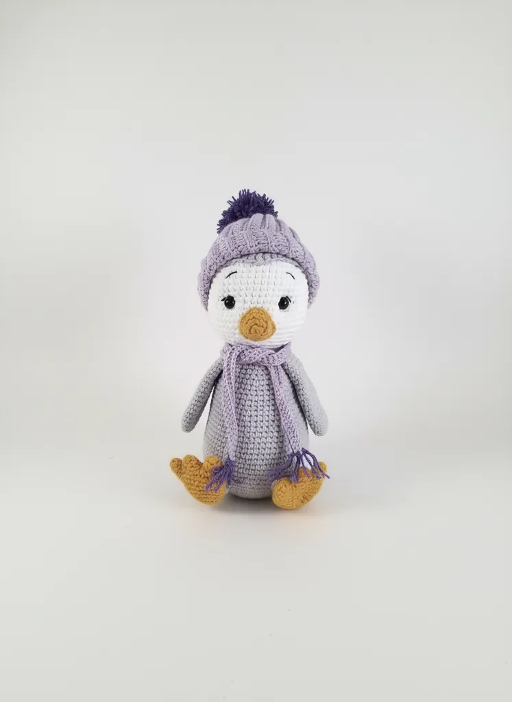 Örgü Penguen Oyuncak - Mor Şapkalı ve El Emeği Bebek Hediyesi