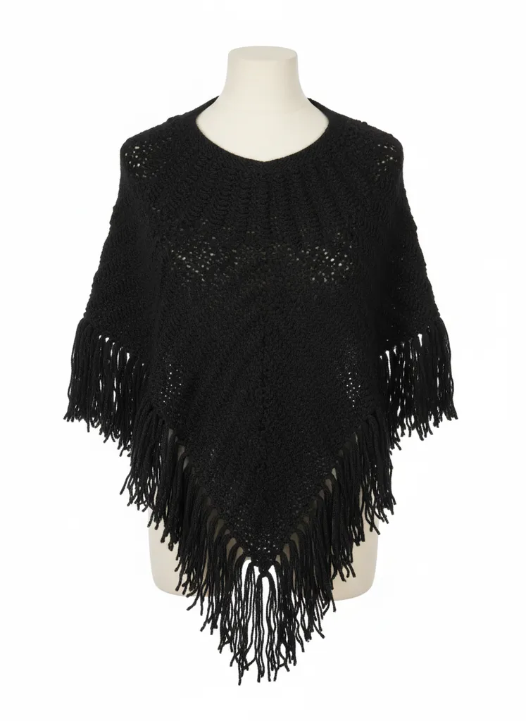 Siyah Örgü Bayan Omuz Şalı - Püsküllü, Üçgen Kesim, El Emeği