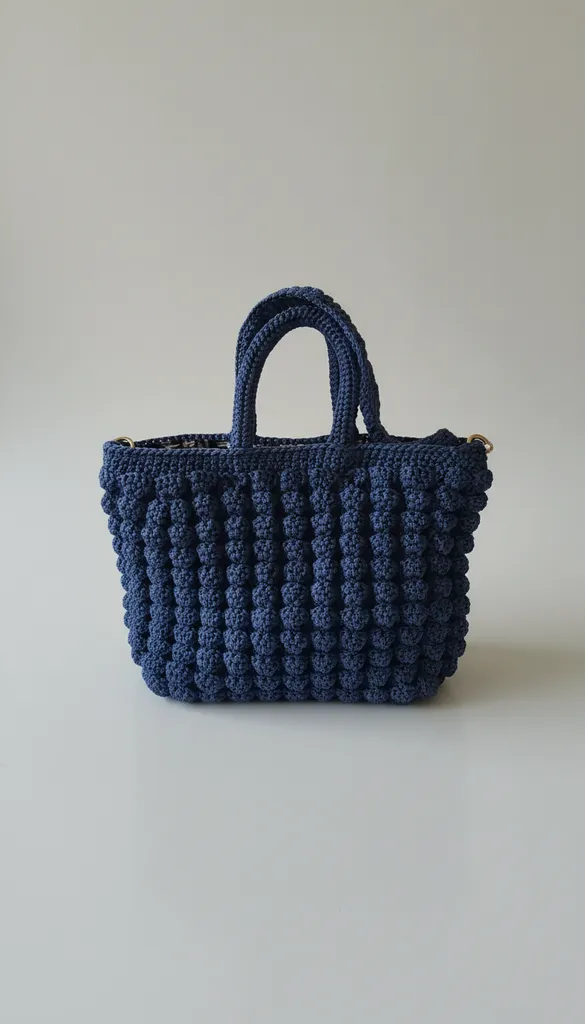 Gece Mavisi Popcorn Makrome Çanta – Astar & Uzun Askılı”