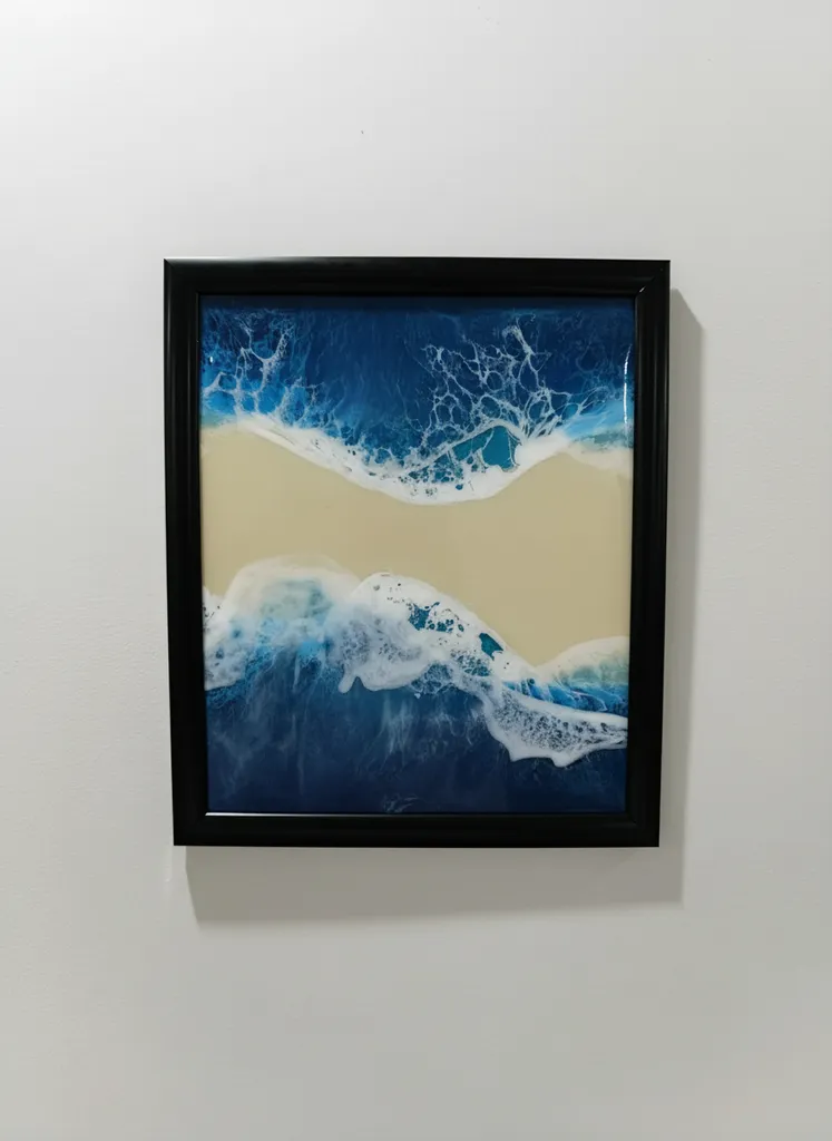 Epoksi Deniz ve Kum Manzaralı Tablo - 25x30cm Siyah Çerçeveli