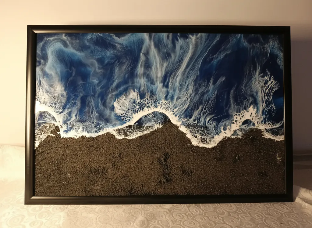 Antrasit Mavi Deniz Manzaralı Epoksi Tablo - 40x60cm Çerçeveli