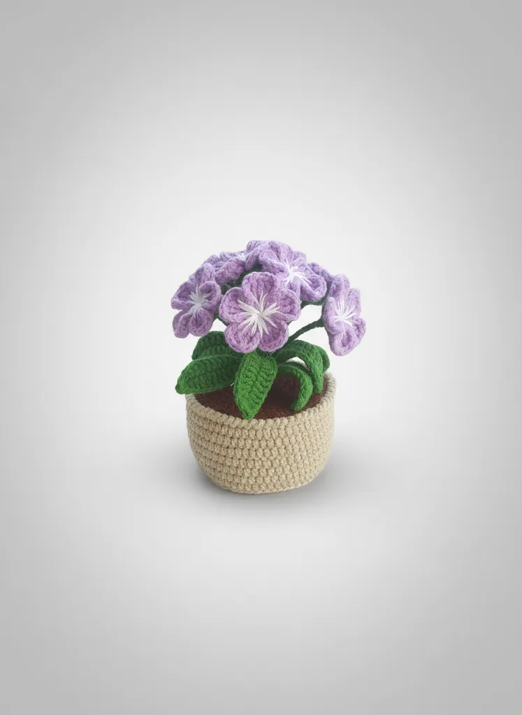 Lila Renkli Amigurumi Saksı Çiçek - Solmayan Dekoratif El Emeği