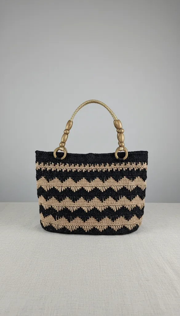 Siyah ve Bej Makrome Desenli Omuz Çantası - El Emeği