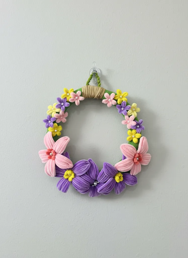 Şönil İpten Renkli Çiçekli Kapı Duvar Süsü - El Yapımı