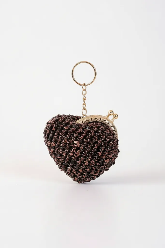 Metalik Kahverengi İpten Örme Anahtarlık Cüzdan Çanta Charm - El Emeği