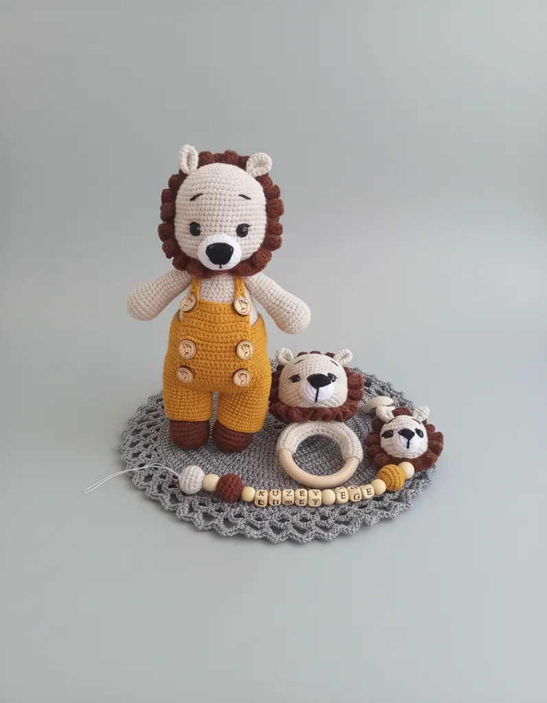 Örgü Aslan Oyuncak Çıngırak Emzik Zinciri Seti - El Emeği