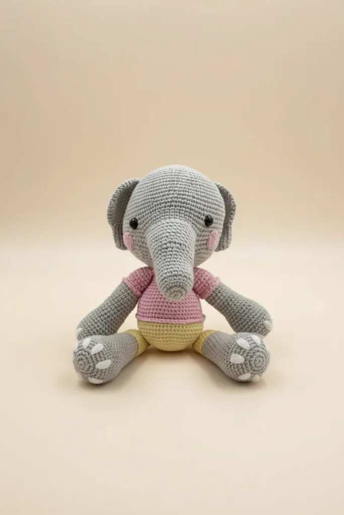 Gri Örgü Oyuncak Fil - Pembe Tişörtlü ve Sarı Detaylı - El Emeği