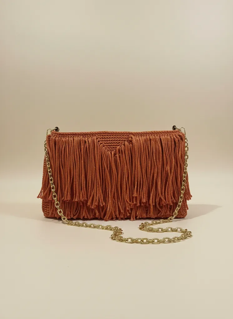Turuncu Örgü Püsküllü Portföy Clutch Çanta - El Örgüsü