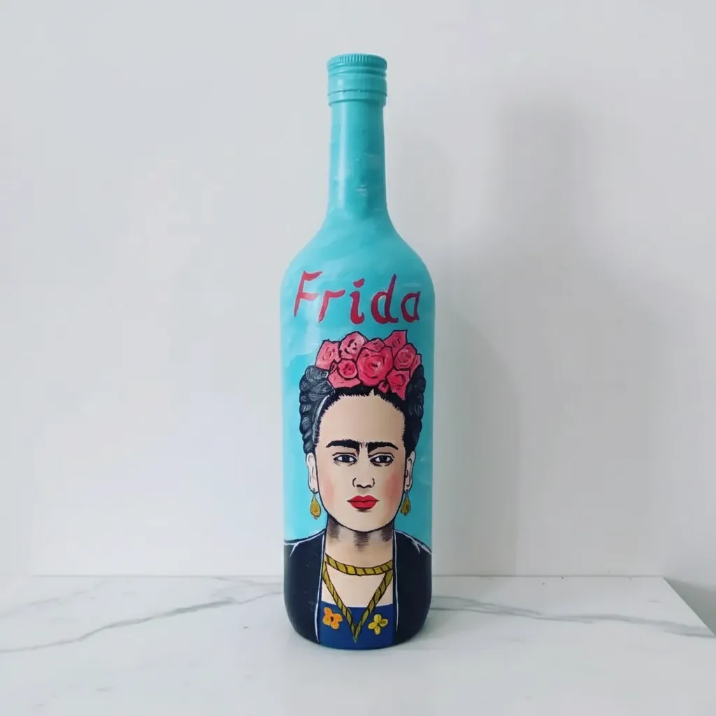 Mavi Zemin Frida Kahlo Akrilik Boyama Dekoratif Cam Şişe