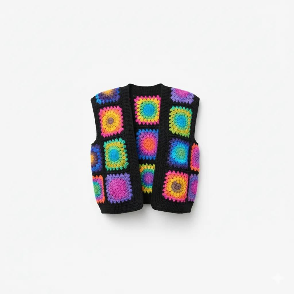 Neon Renkli Motifli Örgü Yelek - GRANNY Stil, El Emeği