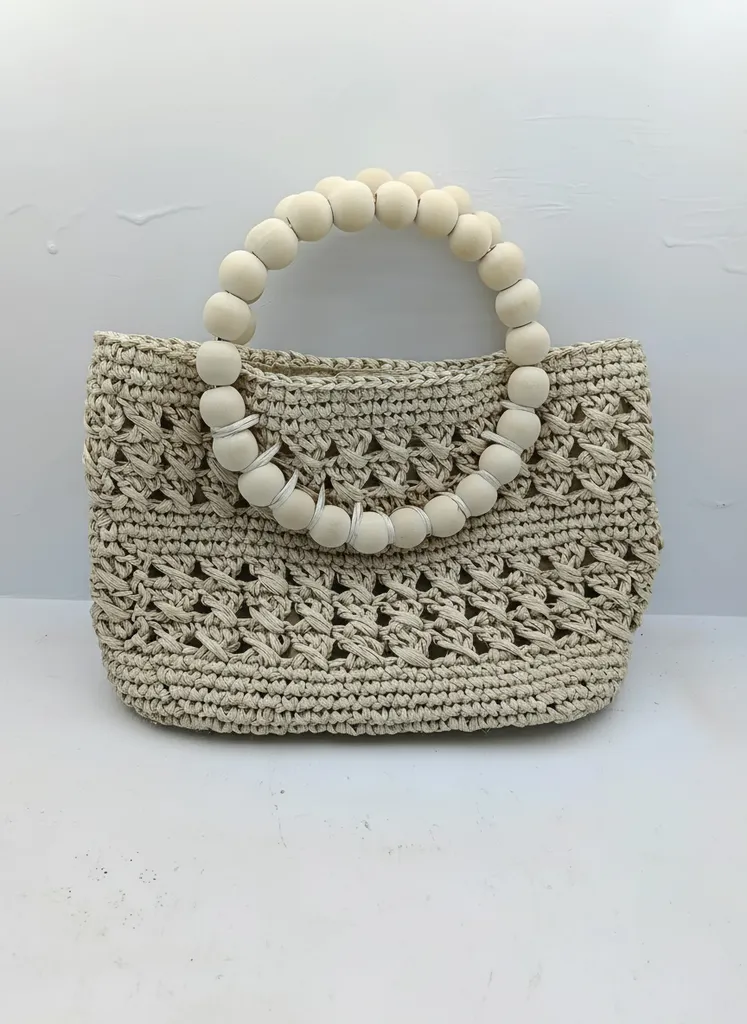 Krem Rengi Örgü Çanta - Ahşap Saplı - El Yapımı