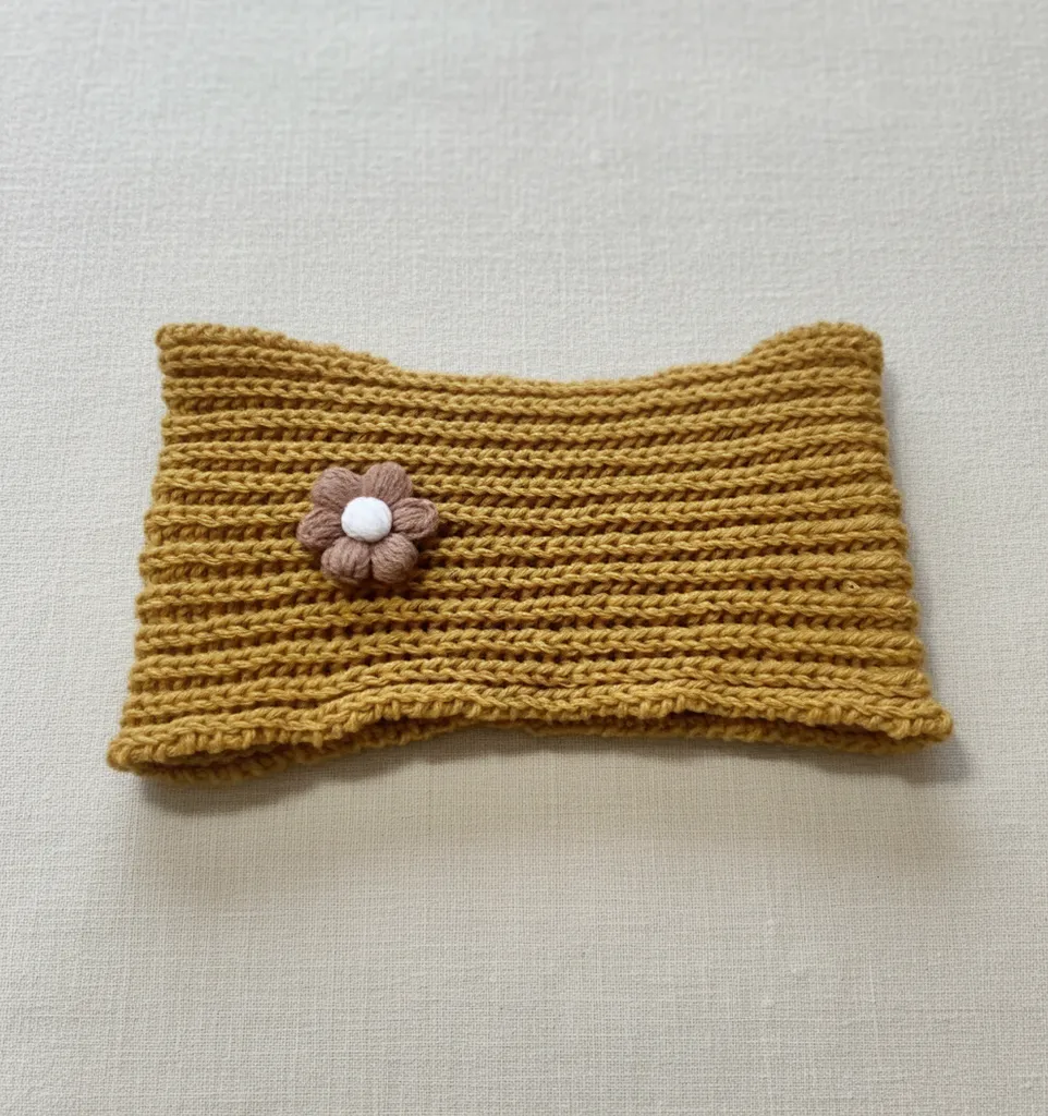 Sarı Renk Örgü Saç Bandı Çiçek Detaylı - El Örgüsü Bandana