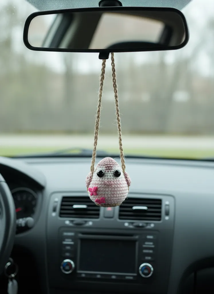 Pembe Sallanan Civciv Amigurumi Araba Süsü - El Emeği Oyuncak