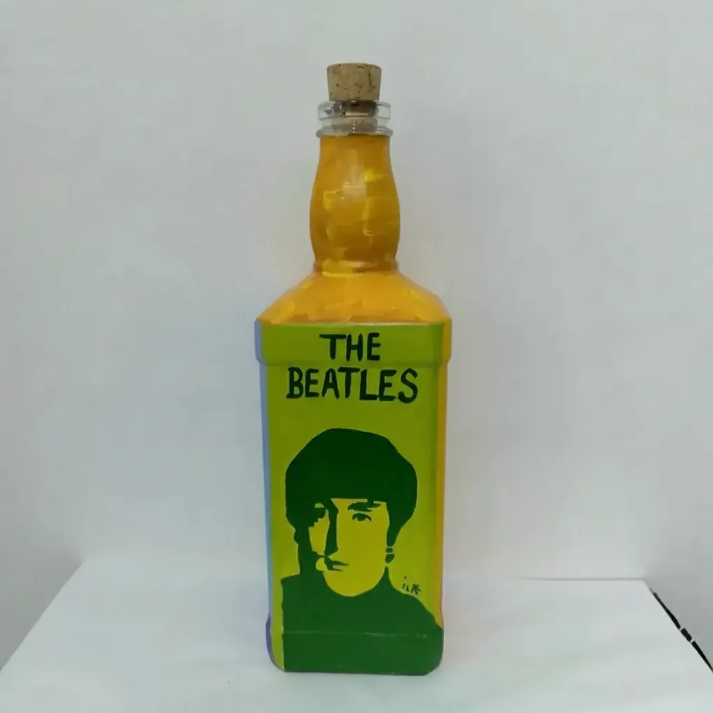 The Beatles Temalı El Boyaması Dekoratif Cam Şişe - Sanat Objesi