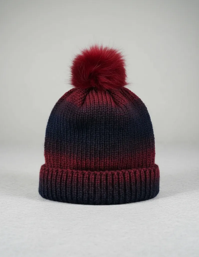 Bordo-Lacivert Renkli Ponponlu Örgü Bere - 17x28 cm - El Örgüsü