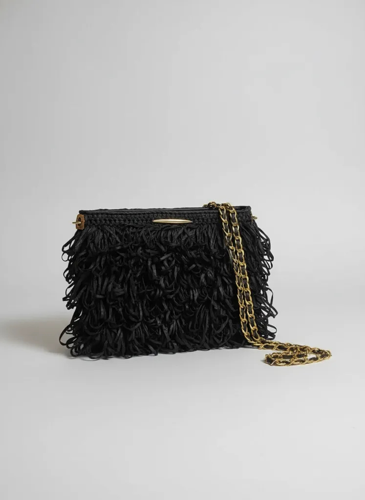 Siyah Kağıt İp Örgü Portföy Çanta - Zincir Askılı El Örgüsü