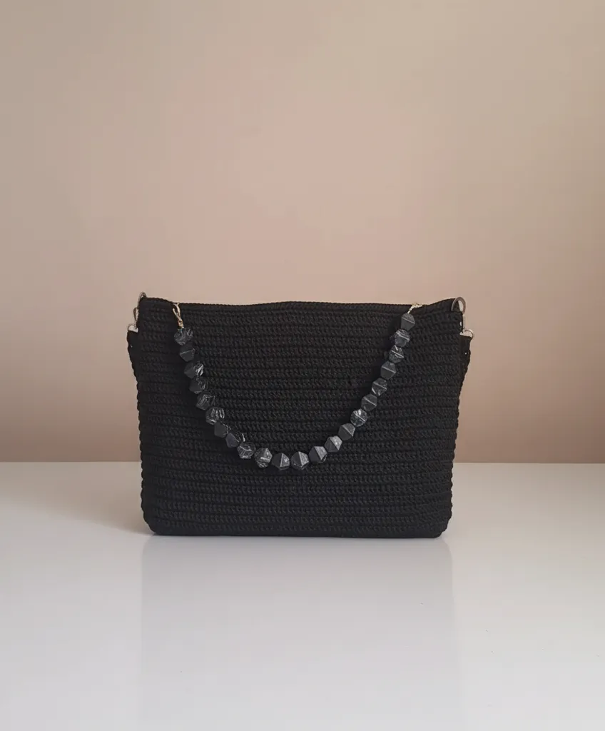 Siyah Makrome Örgü Omuz ve Kol Çantası - El Örmesi