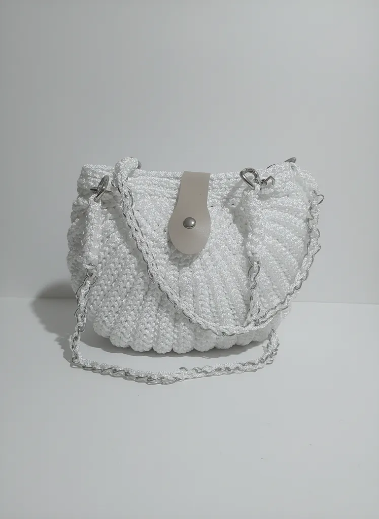 Midye Kabuğu Desenli Beyaz Örgü Omuz Çantası - El Emeği