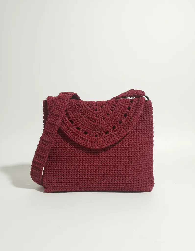 Bordo Polyester Örgü Omuz Çantası - El Yapımı Şık Tasarım
