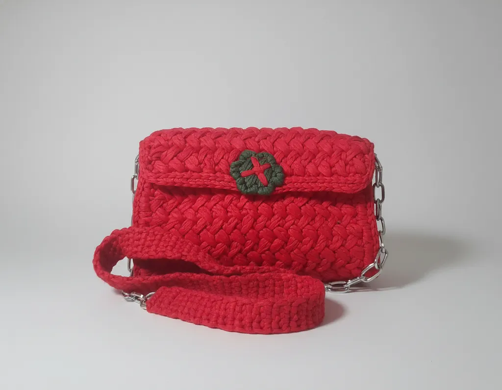 Kırmızı Penye İpten Örme Zincir Askılı Çanta - El Emeği